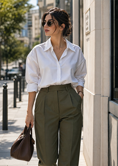 استایل متفاوت و جذاب با شومیز سفید کلاسیک و شلوار پارچه‌ای برای بانوان