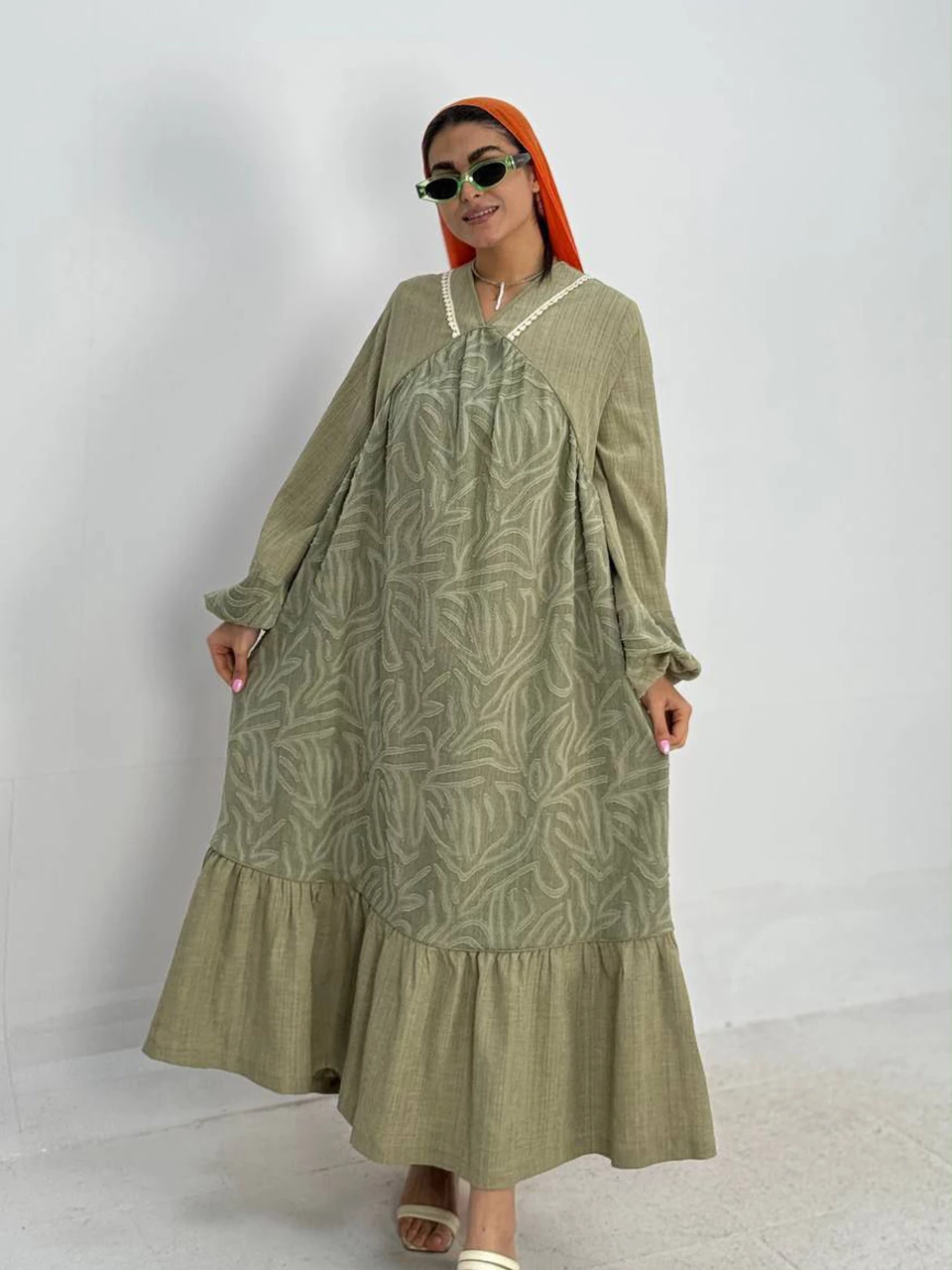 پیراهن لانگ 61357 ساحلی ترکیبی یقه هفت RY