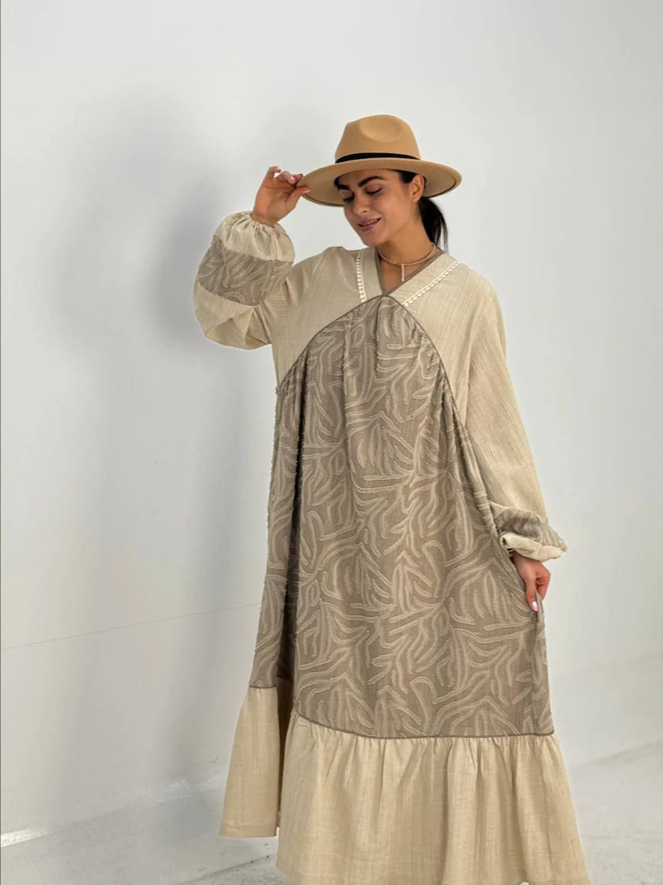 پیراهن لانگ 61357 ساحلی ترکیبی یقه هفت RY