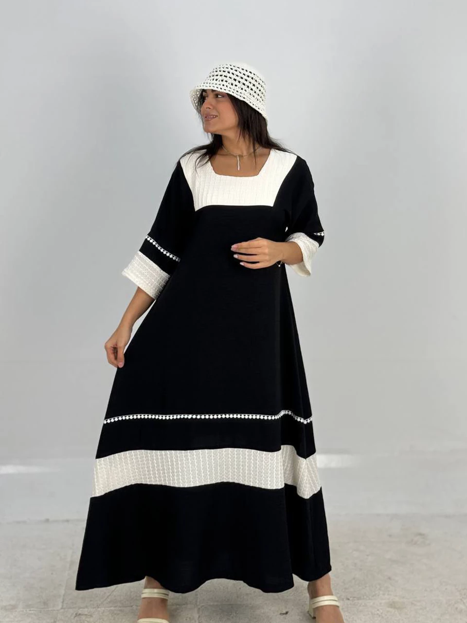 پیراهن لانگ 61372 یقه خشتی دو رنگ RY