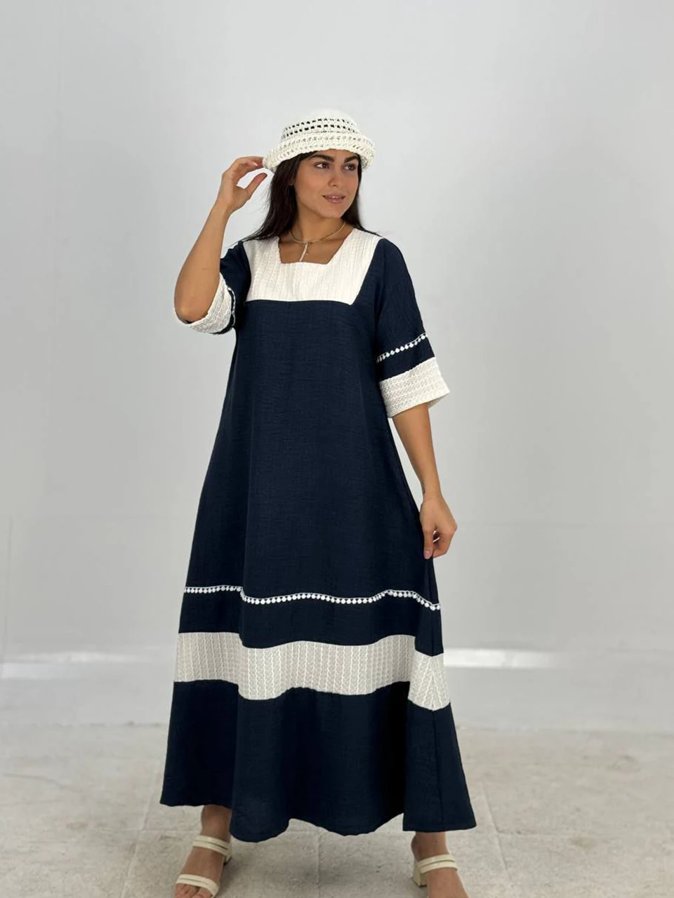 پیراهن لانگ 61372 یقه خشتی دو رنگ RY