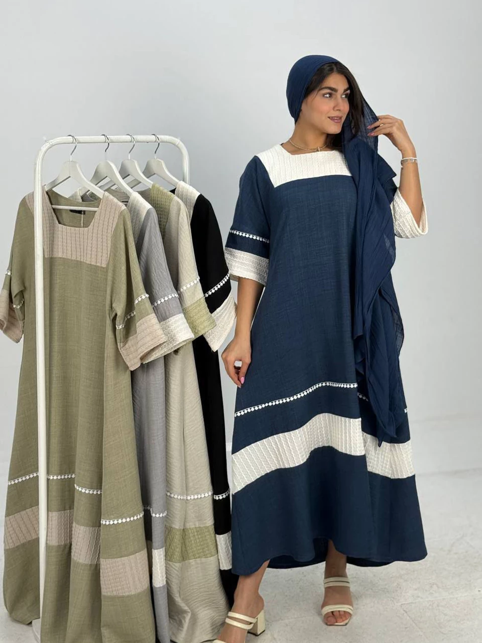 پیراهن لانگ 61372 یقه خشتی دو رنگ RY