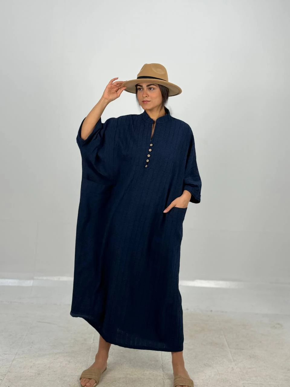 مانتو پیراهنی 61416 لینن بلند دو جیب RY