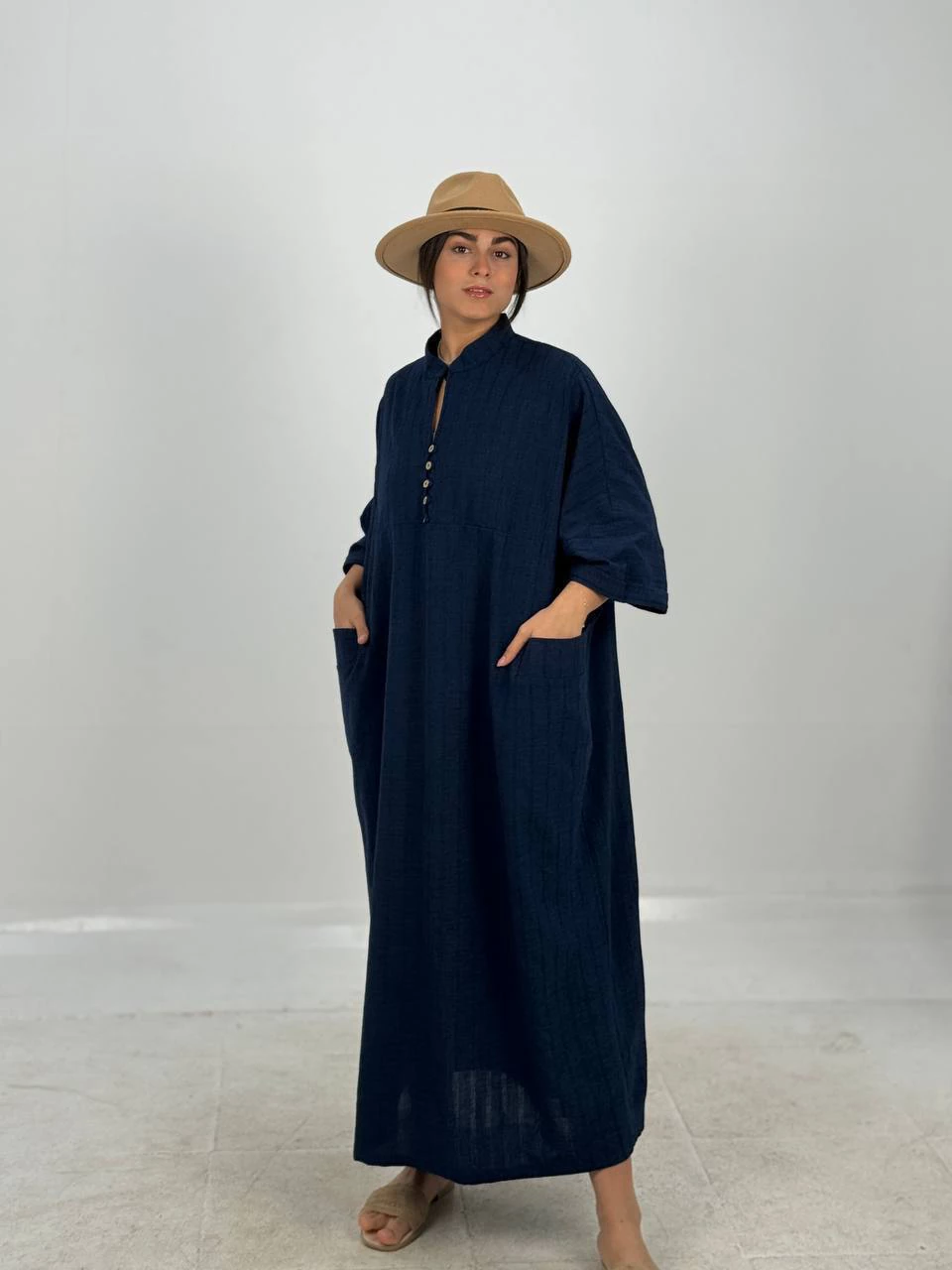 مانتو پیراهنی 61416 لینن بلند دو جیب RY