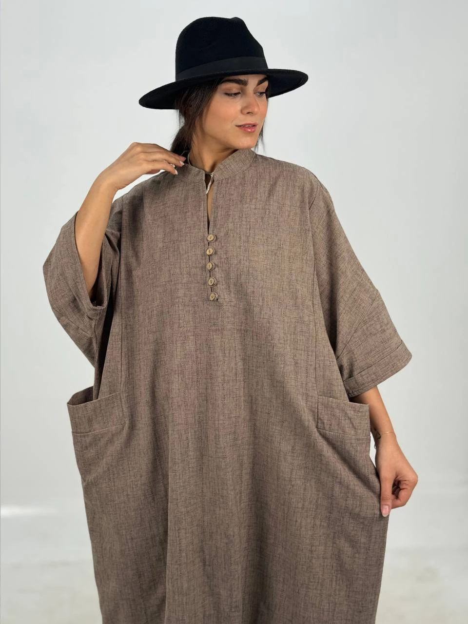 مانتو پیراهنی 61416 لینن بلند دو جیب RY