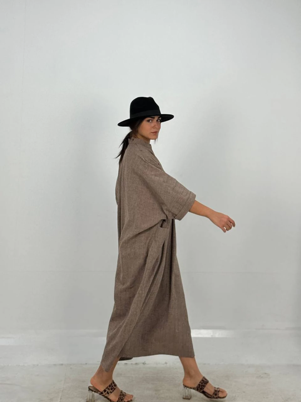 مانتو پیراهنی 61416 لینن بلند دو جیب RY