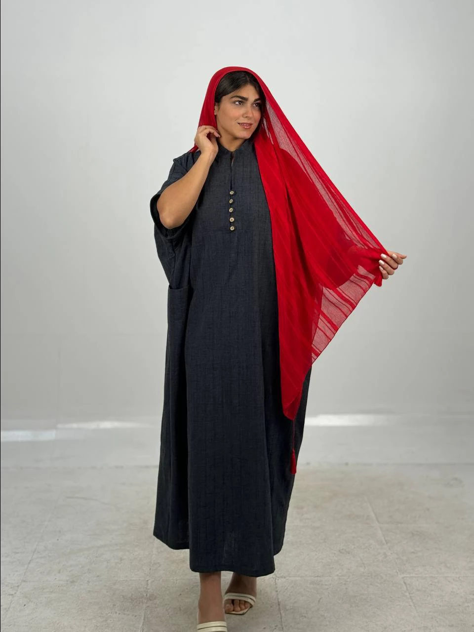 مانتو پیراهنی 61416 لینن بلند دو جیب RY