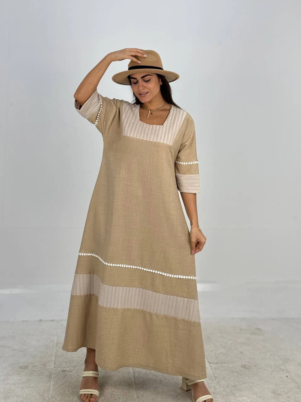 پیراهن لانگ 61372 یقه خشتی دو رنگ RY