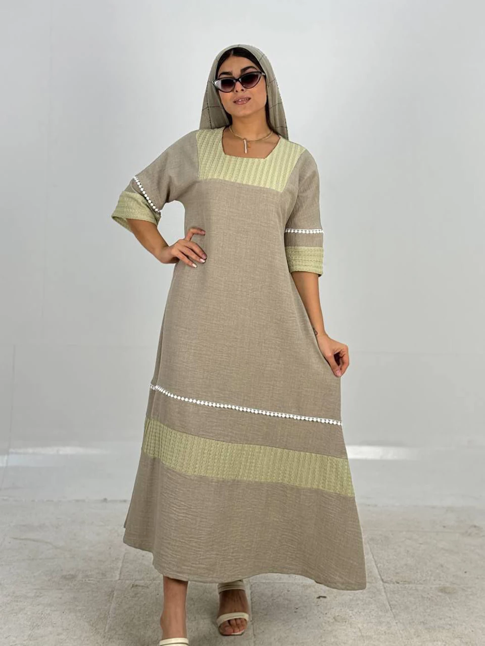 پیراهن لانگ 61372 یقه خشتی دو رنگ RY