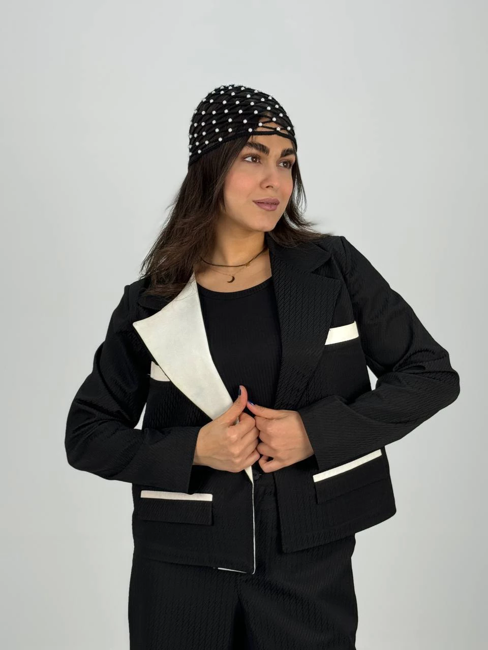 ست کت و شلوار 61346 کراپ خرجکار سفید RY