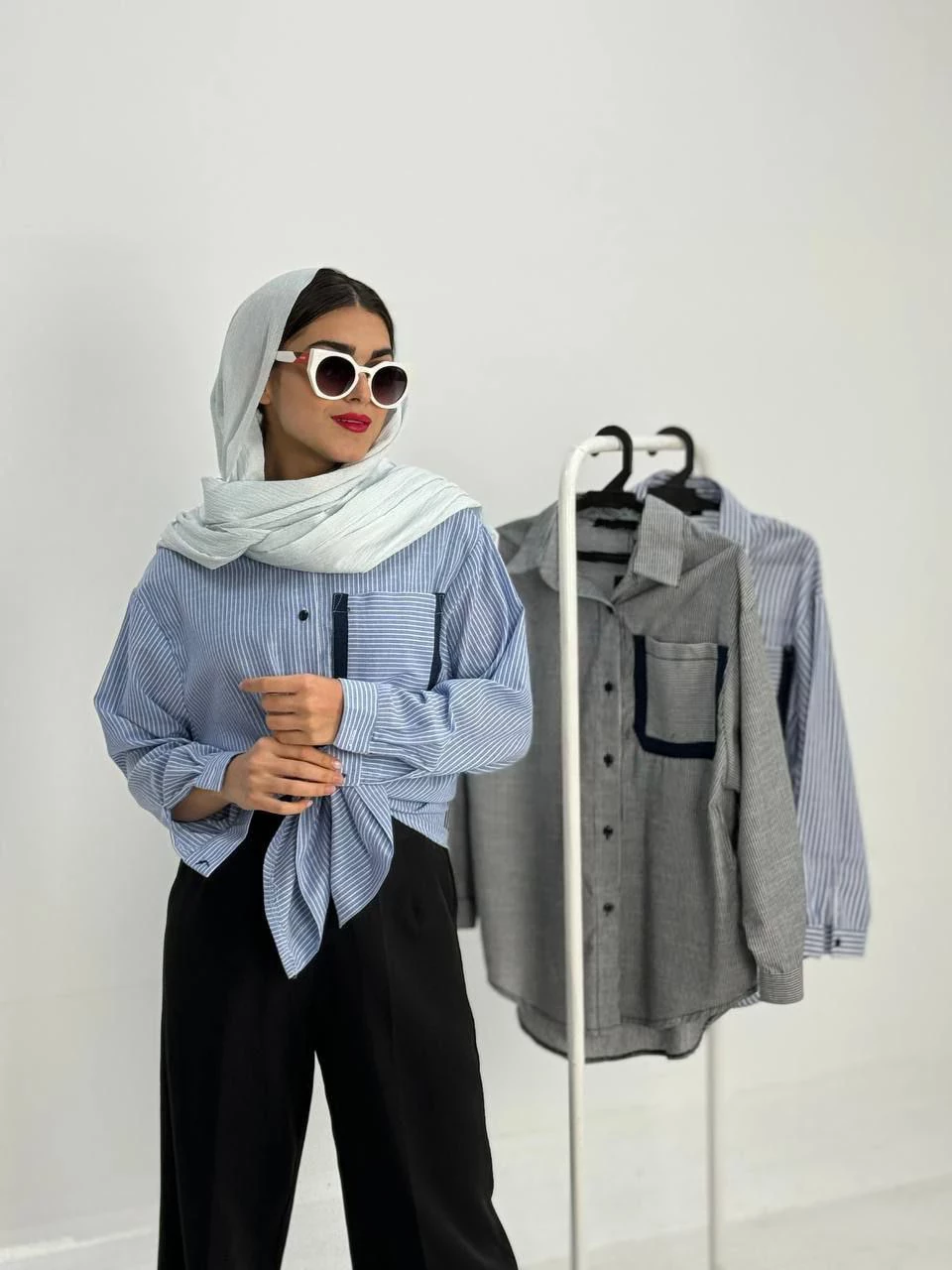 مانتو شومیزی 1007 لینن راه راه جیب خرجکار RY