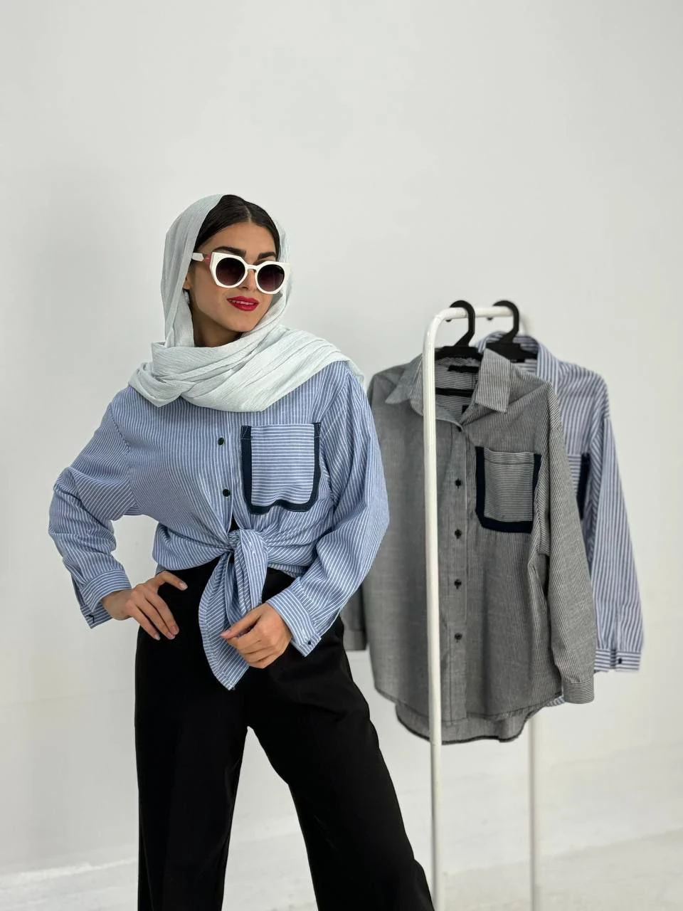 مانتو شومیزی 1007 لینن راه راه جیب خرجکار RY