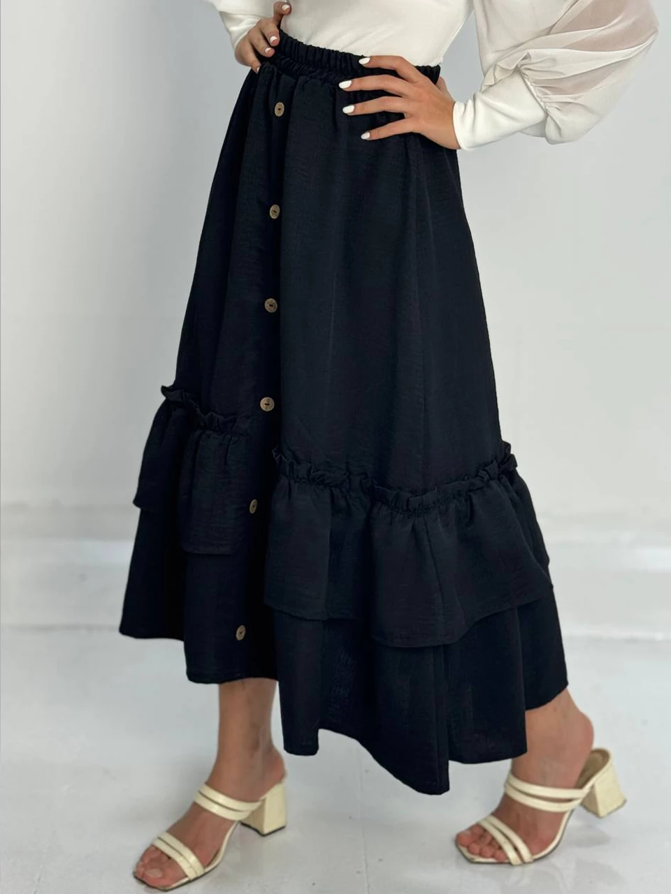 دامن پارچه ای لانگ 31074 طبقه ای جلو دکمه RY