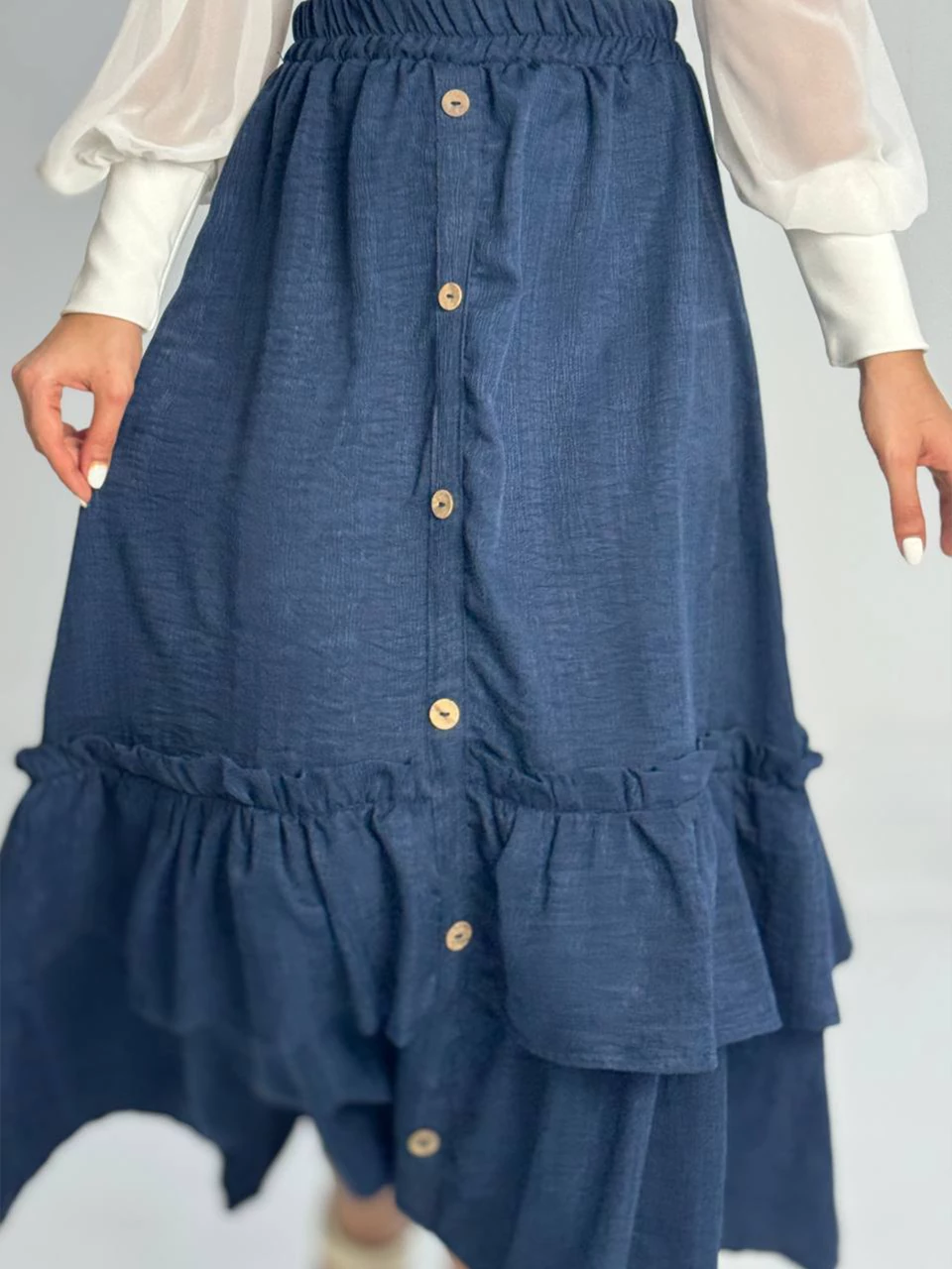 دامن پارچه ای لانگ 31074 طبقه ای جلو دکمه RY