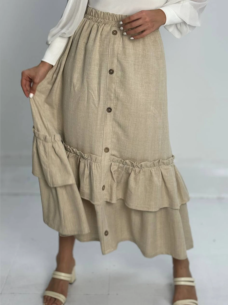 دامن پارچه ای لانگ 31074 طبقه ای جلو دکمه RY