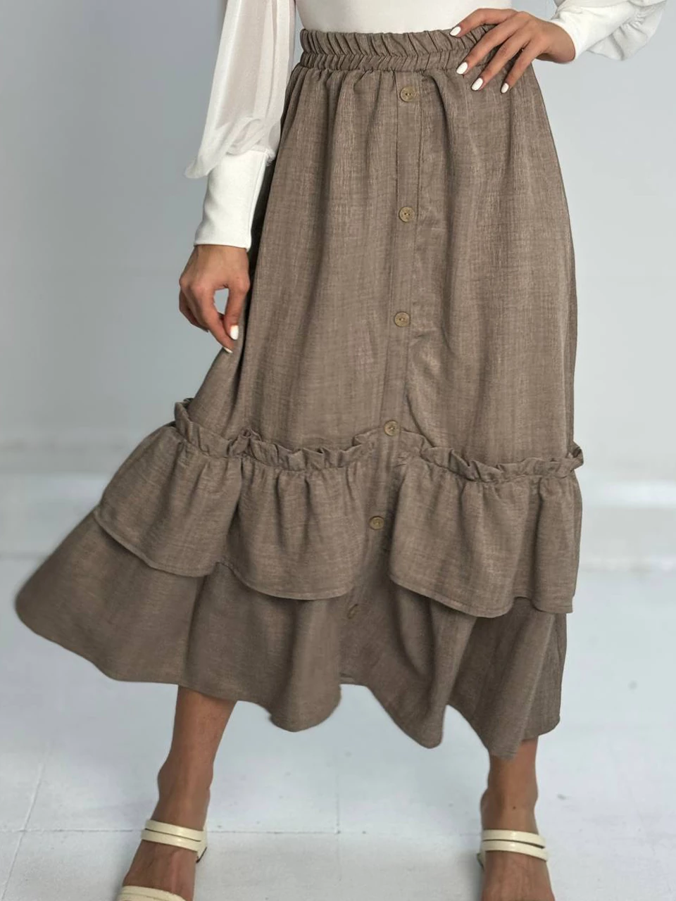 دامن پارچه ای لانگ 31074 طبقه ای جلو دکمه RY