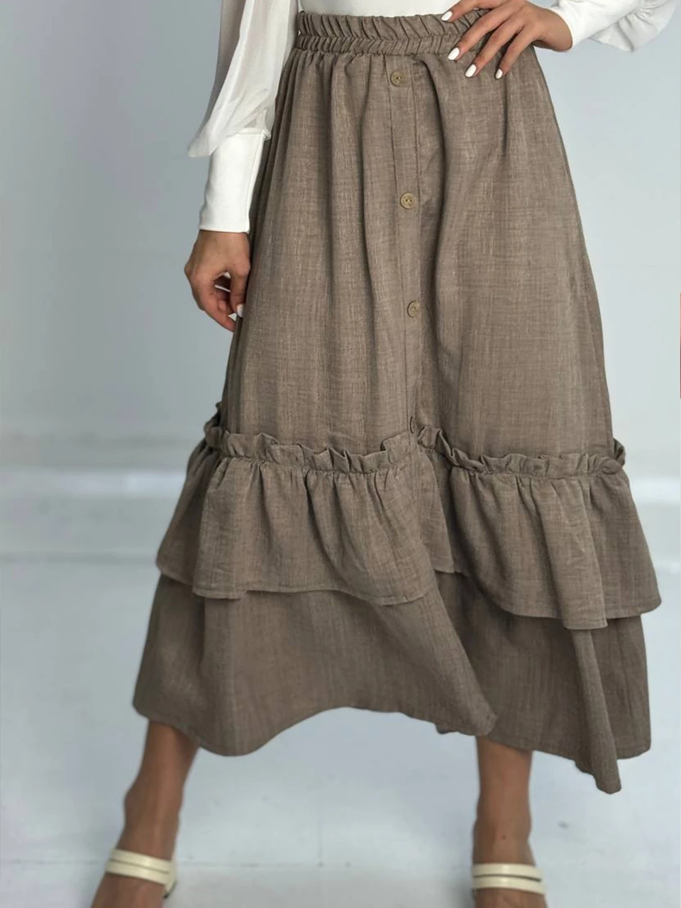 دامن پارچه ای لانگ 31074 طبقه ای جلو دکمه RY