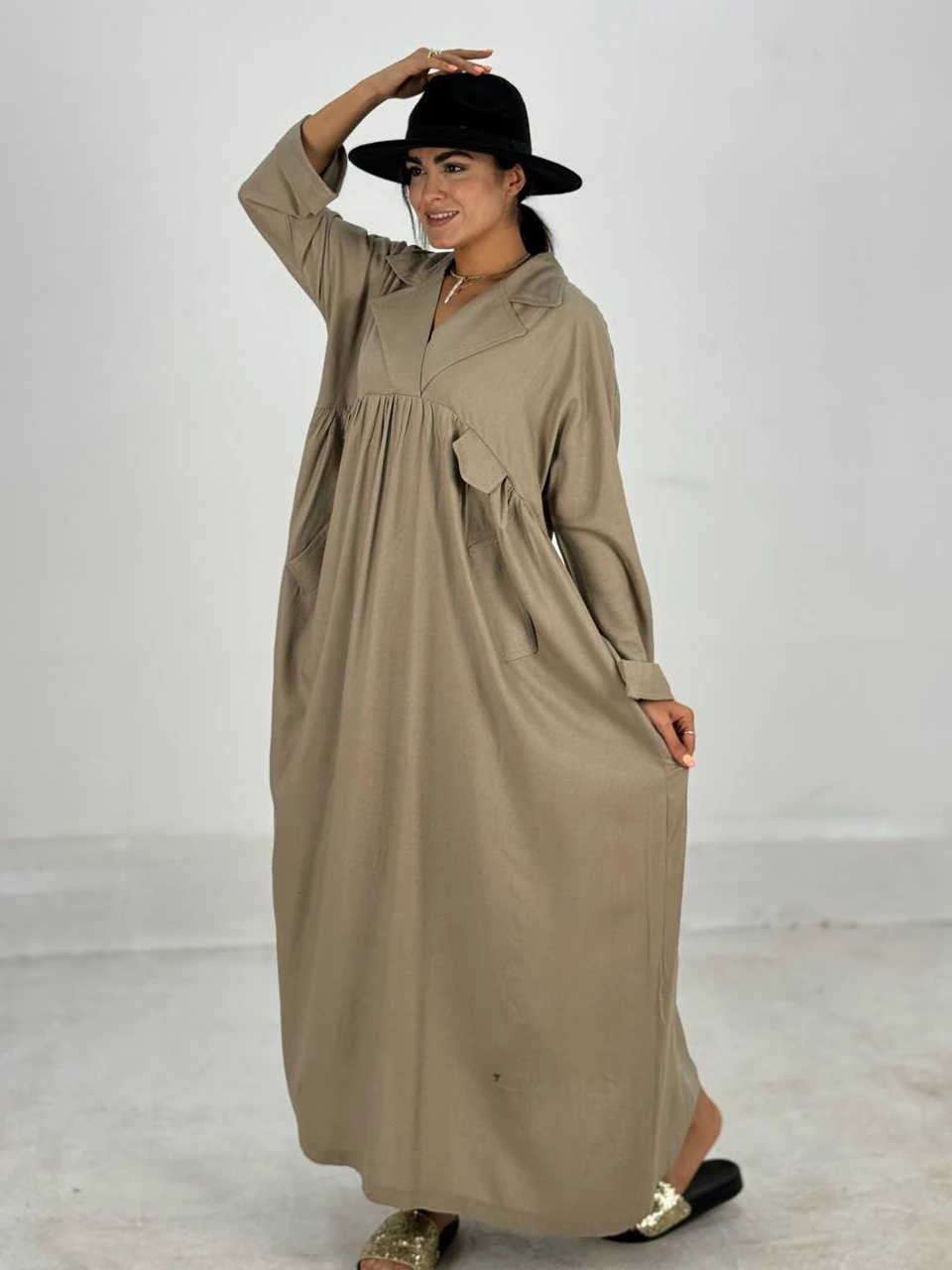 مانتو پیراهنی 61464 لینن رایون یقه ای RY