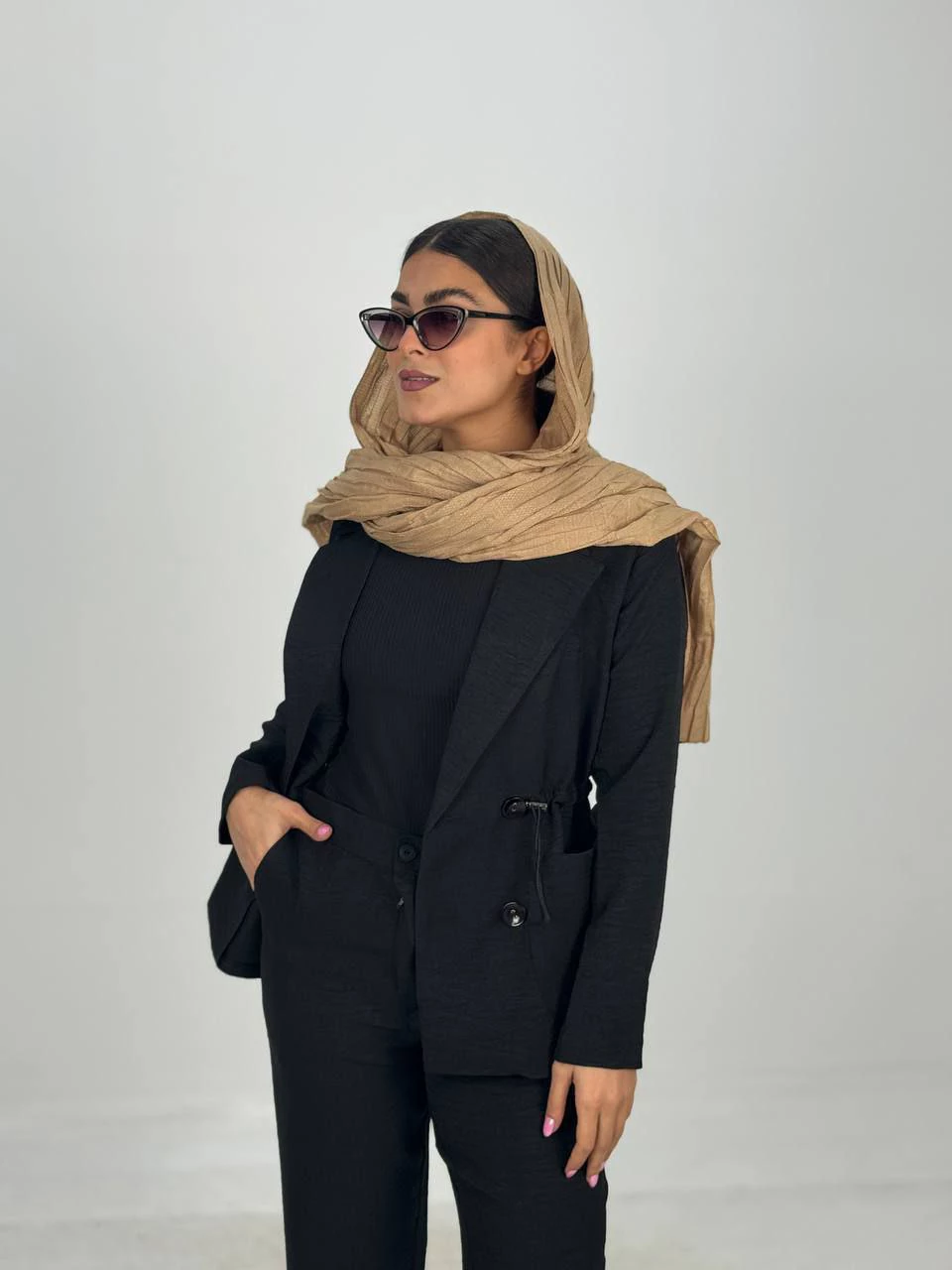 ست کت و شلوار 61338 لینن کمرکش چهار دکمه RY