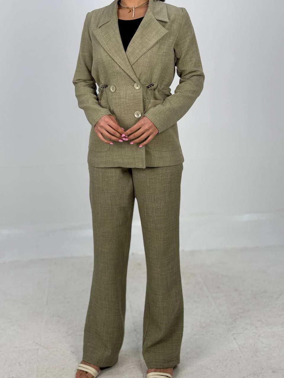 ست کت و شلوار 61338 لینن کمرکش چهار دکمه RY