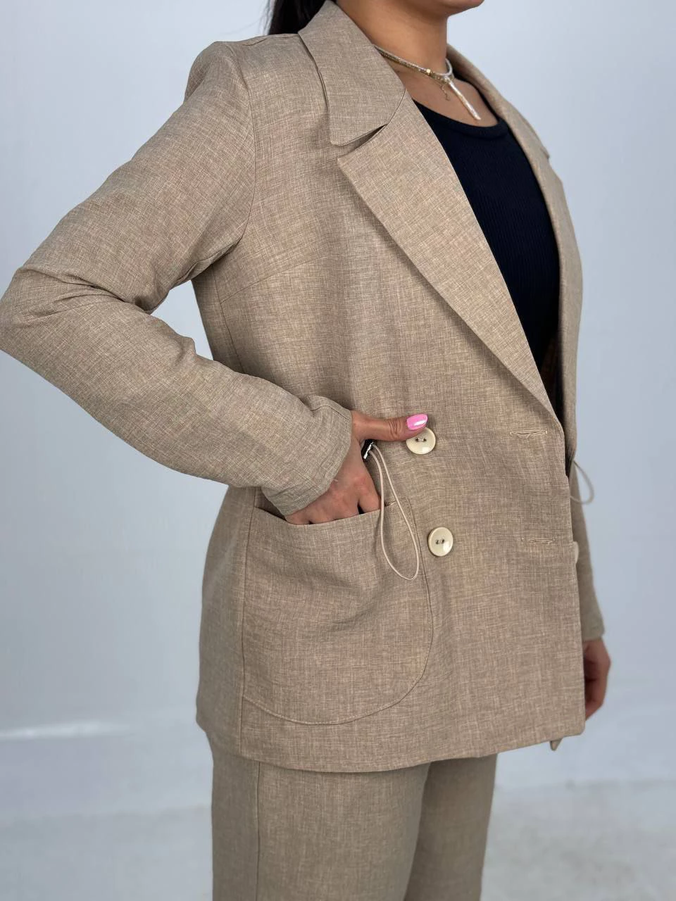 ست کت و شلوار 61338 لینن کمرکش چهار دکمه RY