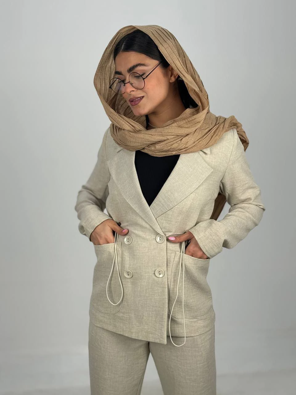 ست کت و شلوار 61338 لینن کمرکش چهار دکمه RY