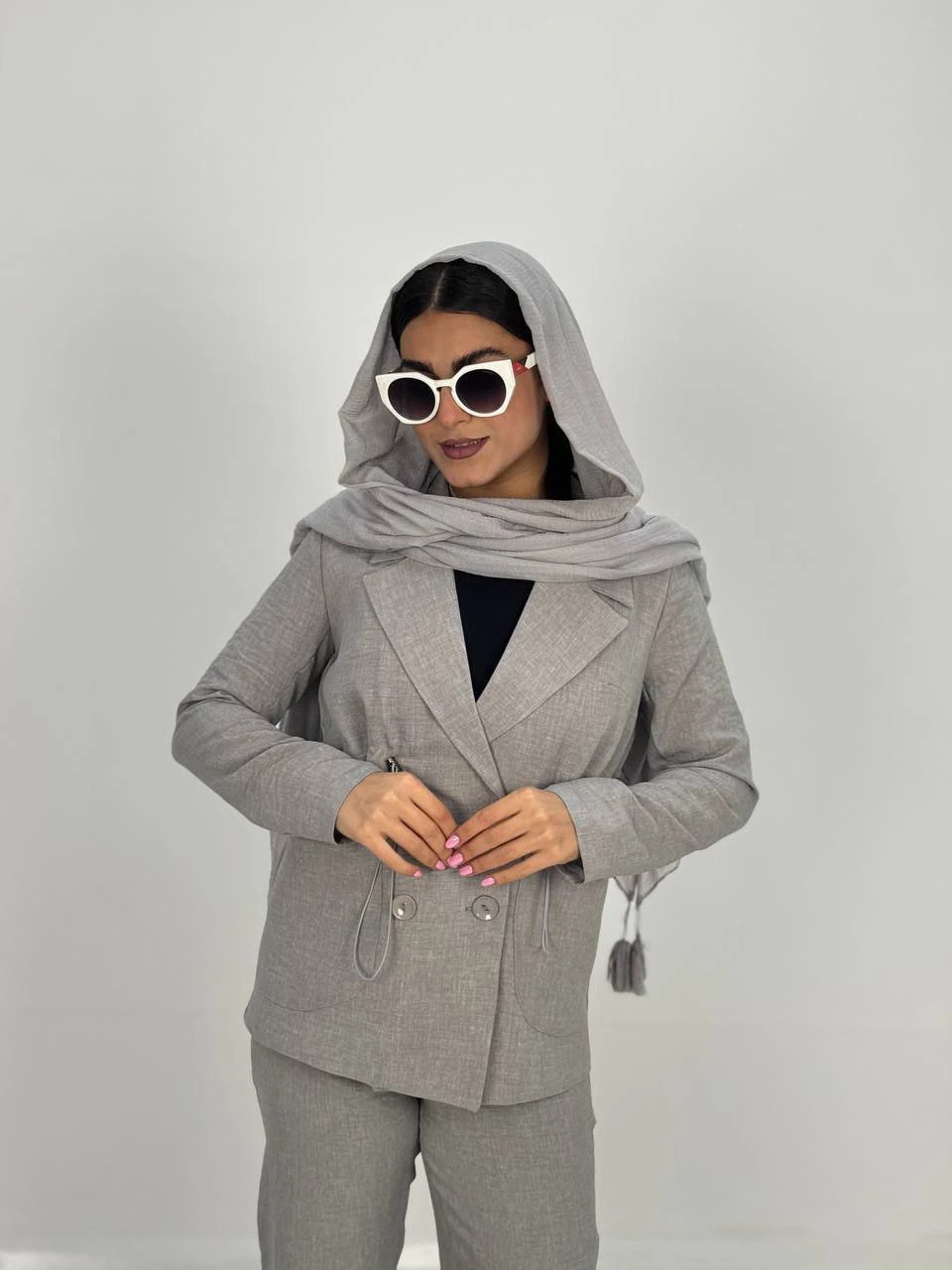 ست کت و شلوار 61338 لینن کمرکش چهار دکمه RY