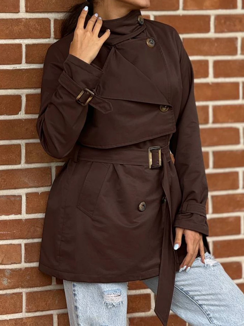 بارانی زنانه میدی مدل کتان دو یقه قهوه ای کد 71206