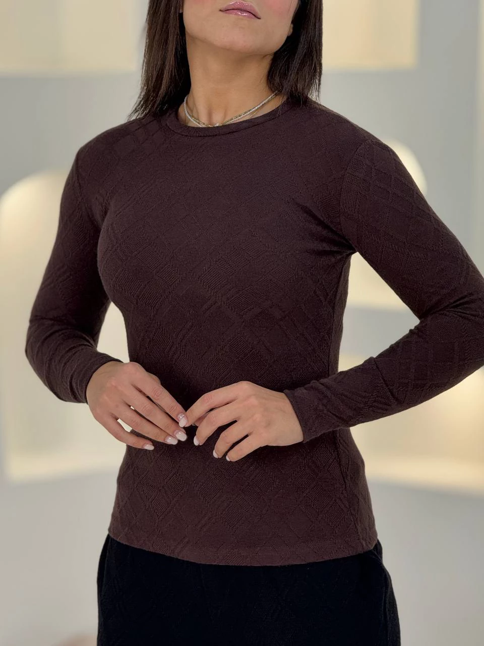 بافت زنانه یقه‌گرد مدل آستین‌بلند قهوه ای کد 21121