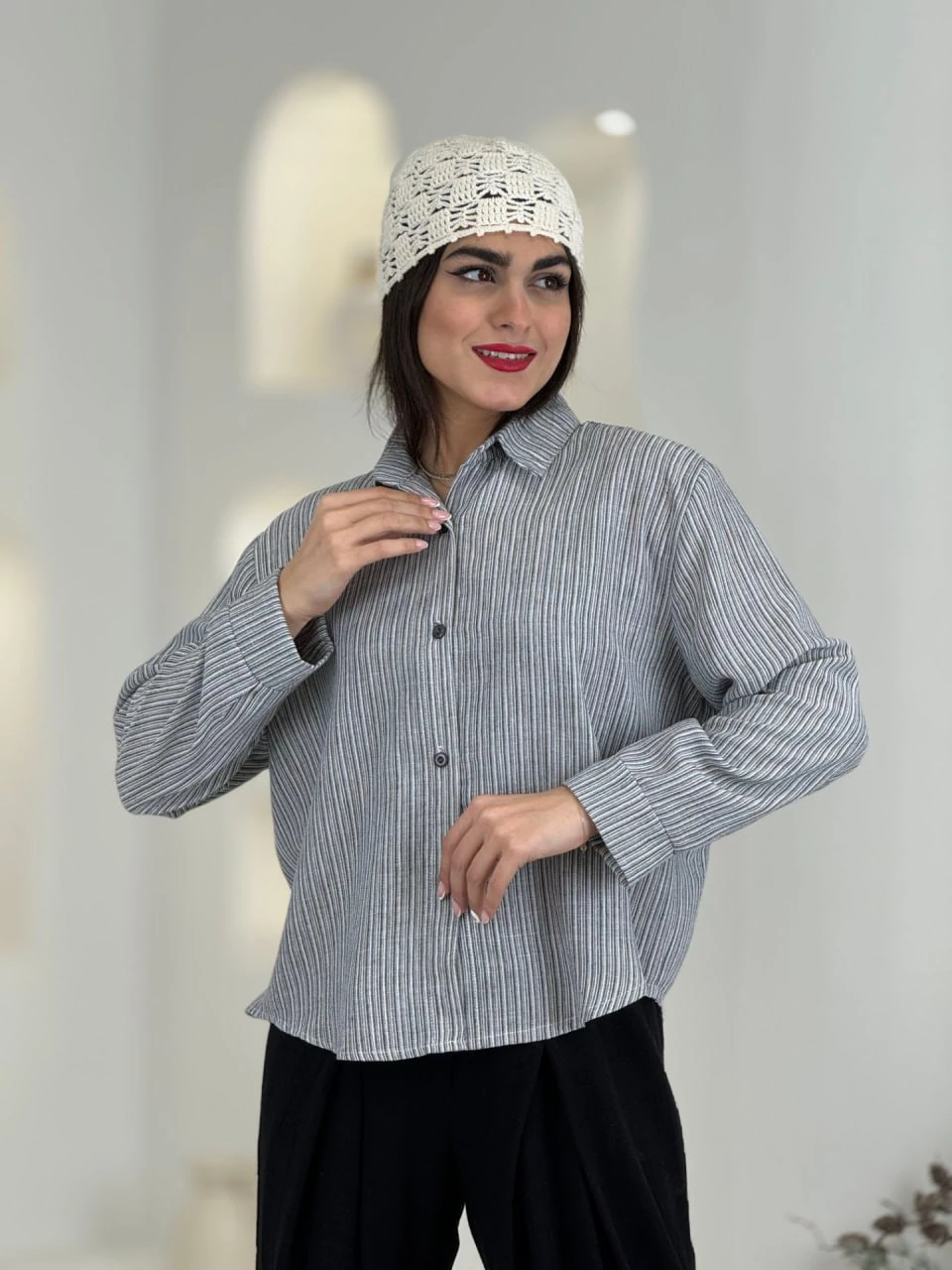 مانتو شومیزی 61528 لینن ملانژ یقه مردانه RY