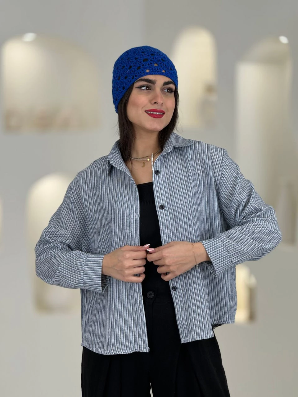 مانتو شومیزی 61528 لینن ملانژ یقه مردانه RY