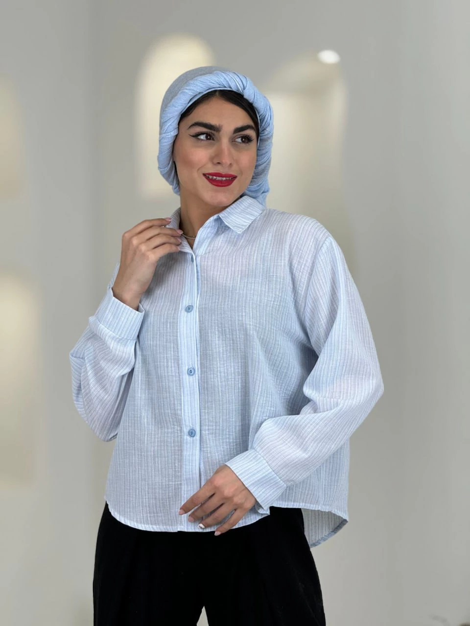 مانتو شومیزی 61528 لینن ملانژ یقه مردانه RY
