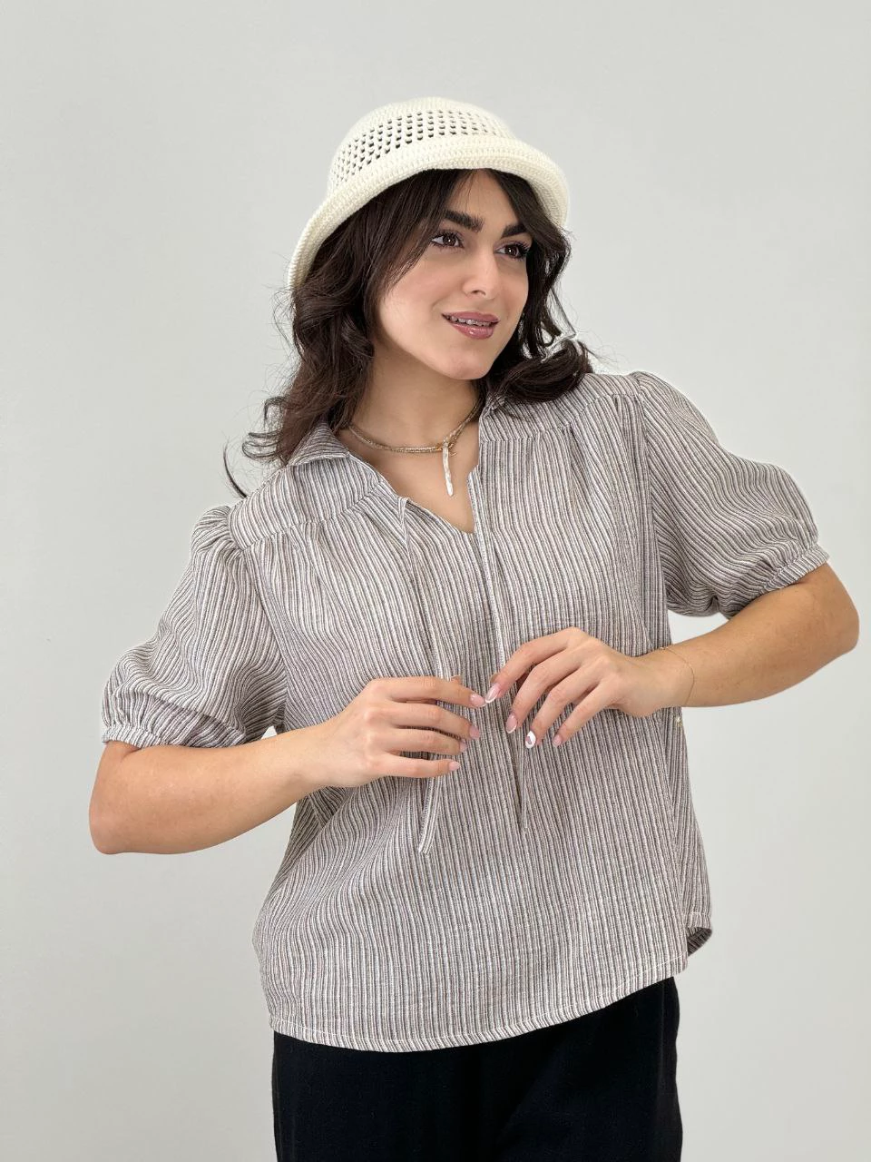 بلوز 61523 لینن ملانژ یقه ب ب RY