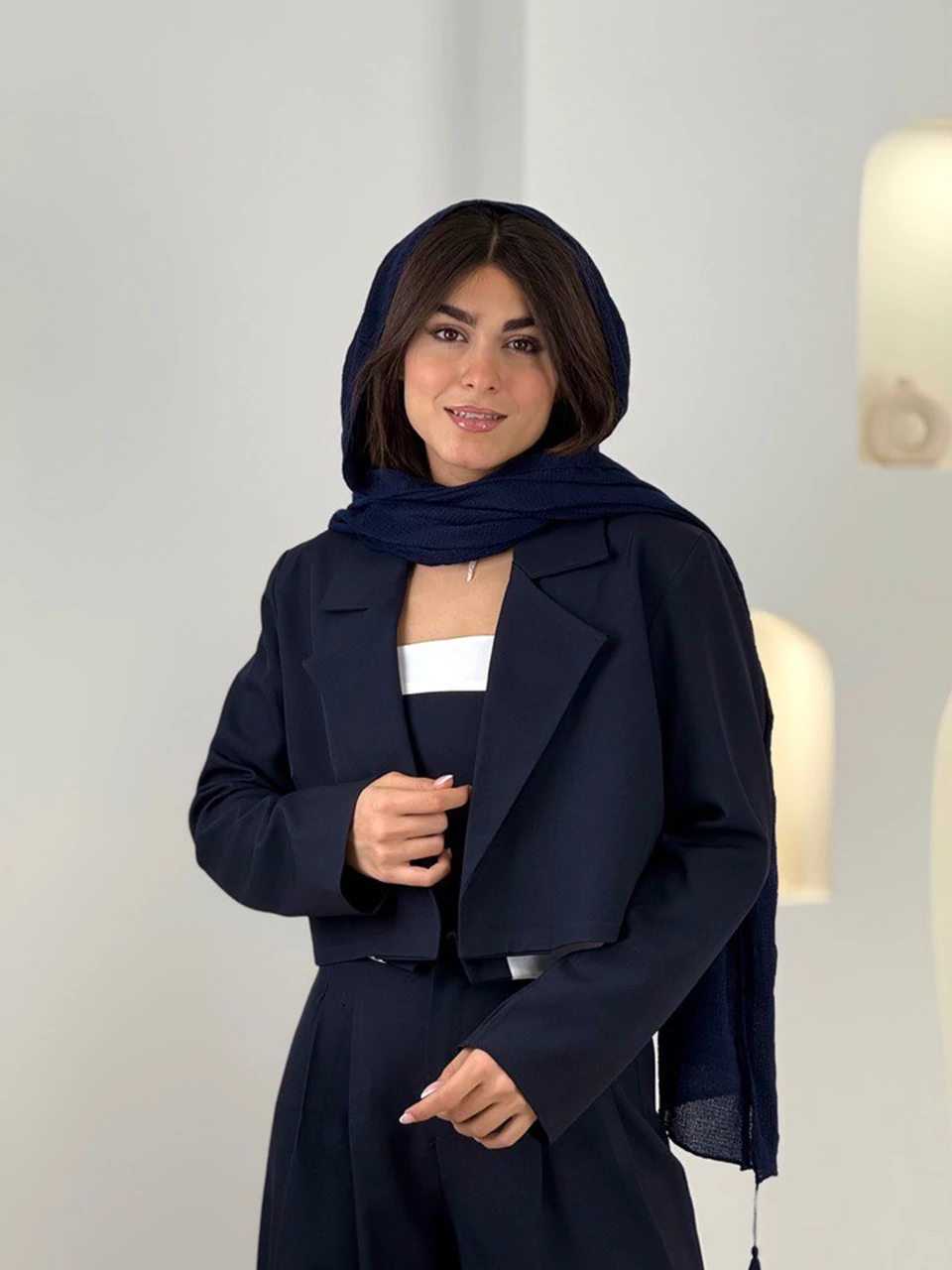 ست سه تکه کت و کراپ و شلوار بگ 61510 خرجکار سفید