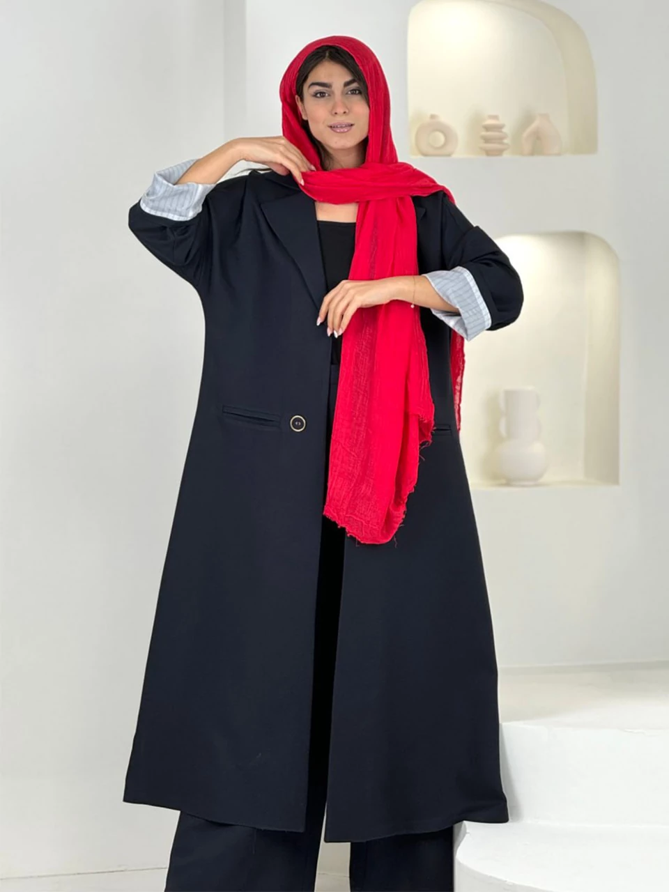 مانتو لانگ 61534 کرپ کج راه آستین راه راه RY