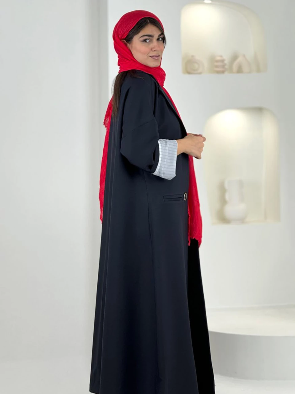 مانتو لانگ 61534 کرپ کج راه آستین راه راه RY