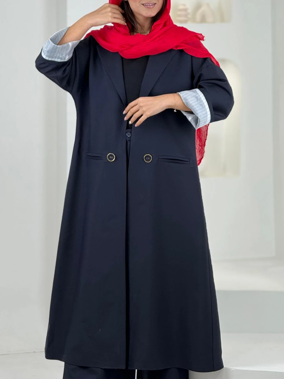 مانتو لانگ 61534 کرپ کج راه آستین راه راه RY