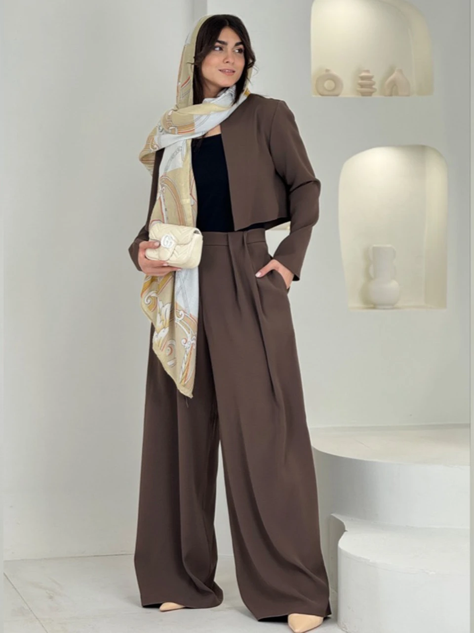 ست کت کراپ یقه گرد و شلوار بگ 61558 مورگان RY