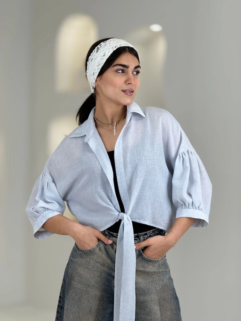 شومیز 61548 داماسک جلو گره یقه مردانه RY