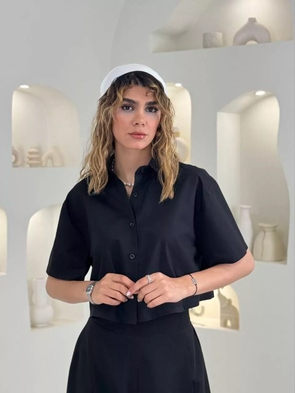 شومیز 61624 کراپ یقه مردانه کتان کارن RY