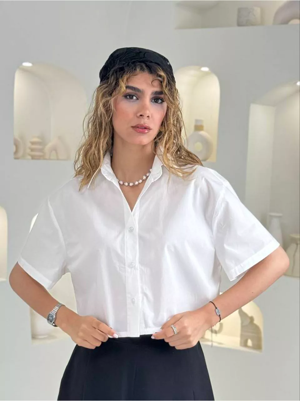 شومیز 61624 کراپ یقه مردانه کتان کارن RY
