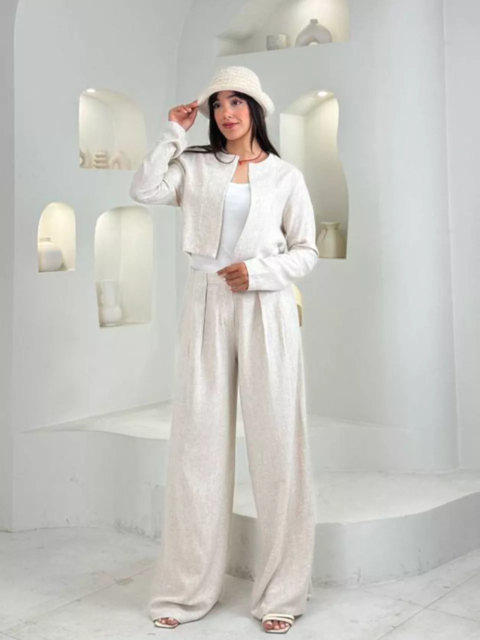 ست کت کراپ و شلوار بگ 61613 یقه گرد لینن RY