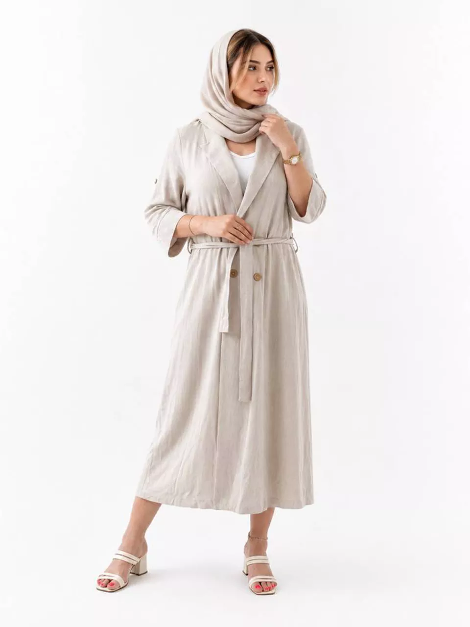 مانتو لانگ 61646 یقه آرشال چهار دکمه لینن سندواش