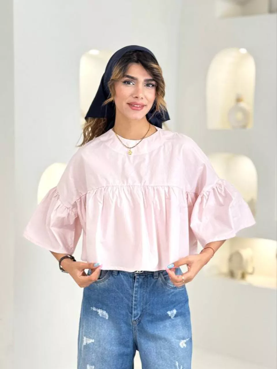 شومیز 61660 کراپ چین دار کتان کارن RY