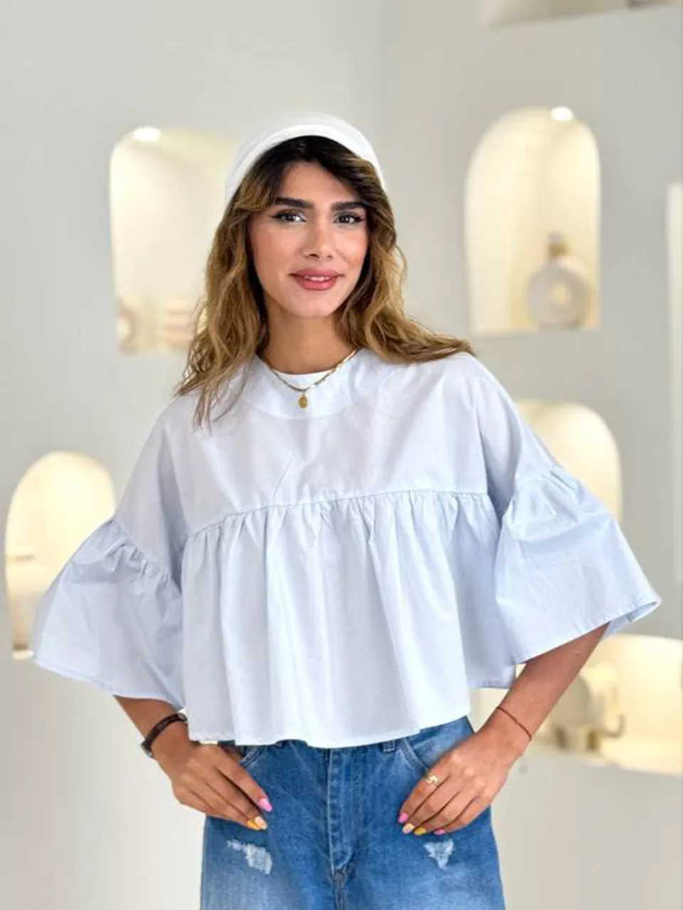 شومیز 61660 کراپ چین دار کتان کارن RY