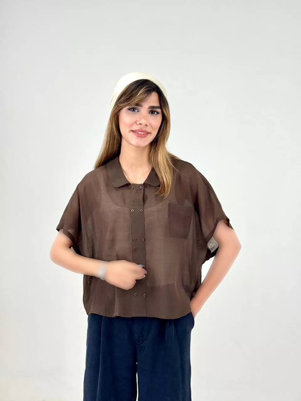مانتو شومیزی 61636 دو ردیف دکمه ریز تنسل گلس RY