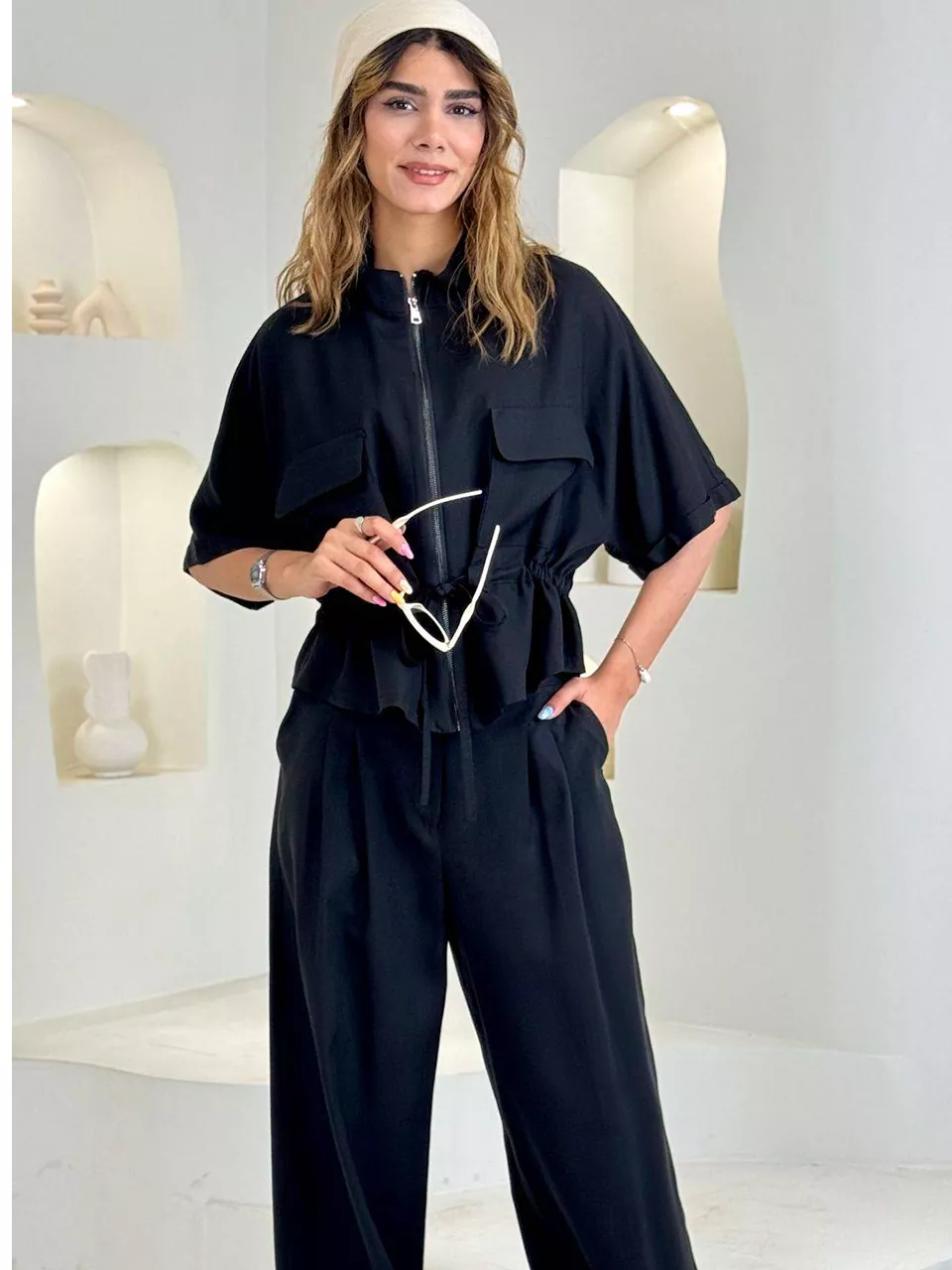 ست بامبر و شلوار بگ 61670 کمرگت دار مدال اسلپ RY