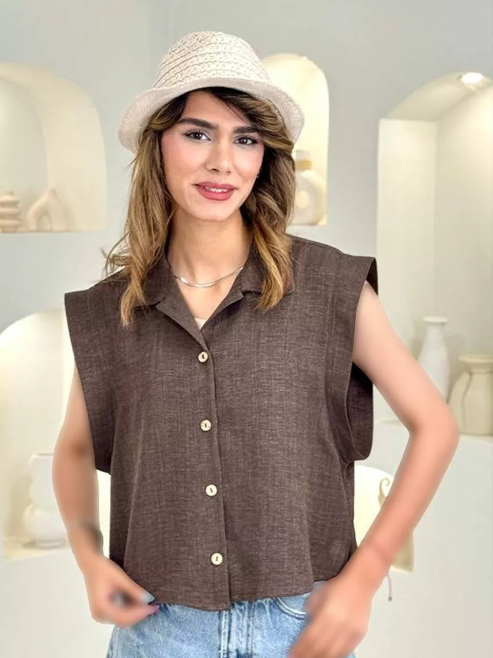 شومیز وست 61682 دکمه چوبی لینن کریستال RY